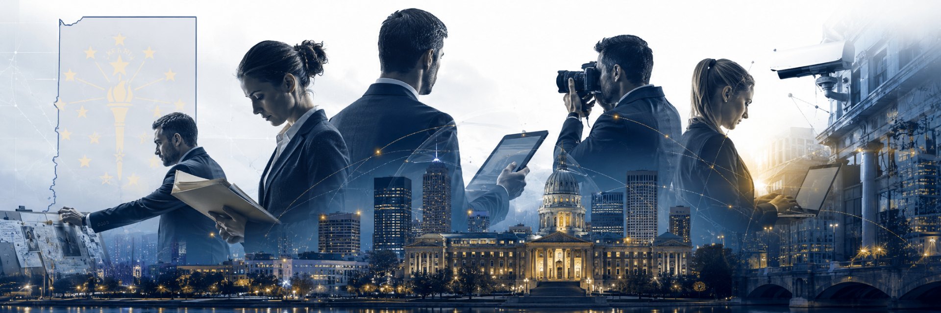 Professional investigators with the Indianapolis skyline